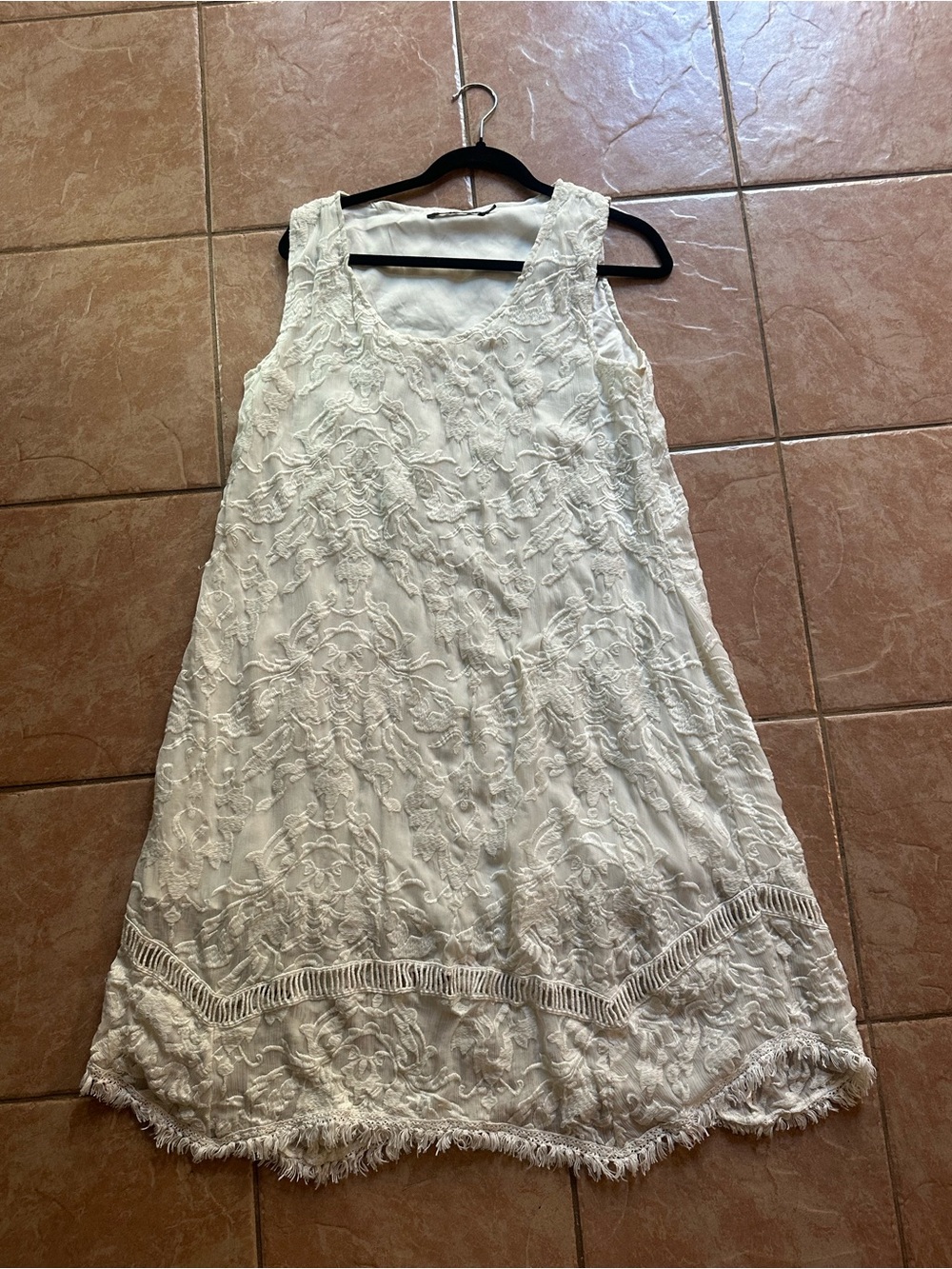 White Embroidered Sleeveless Mini Dress with Fringe Hem